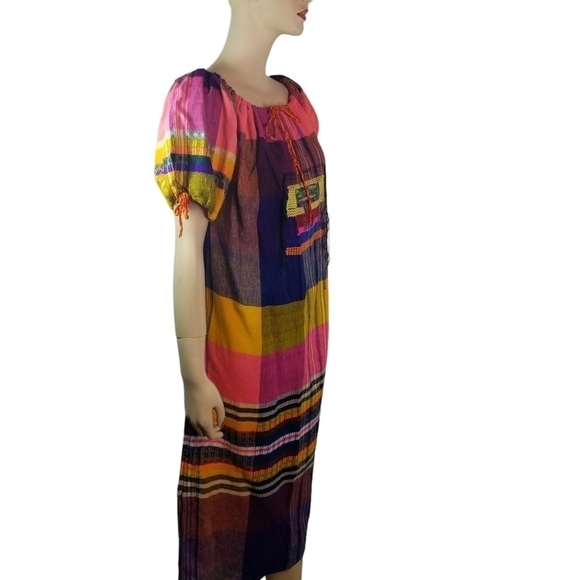 Vtg 80s bright woven madras plaid ethnic Preppy dress - Picture 4 of 11